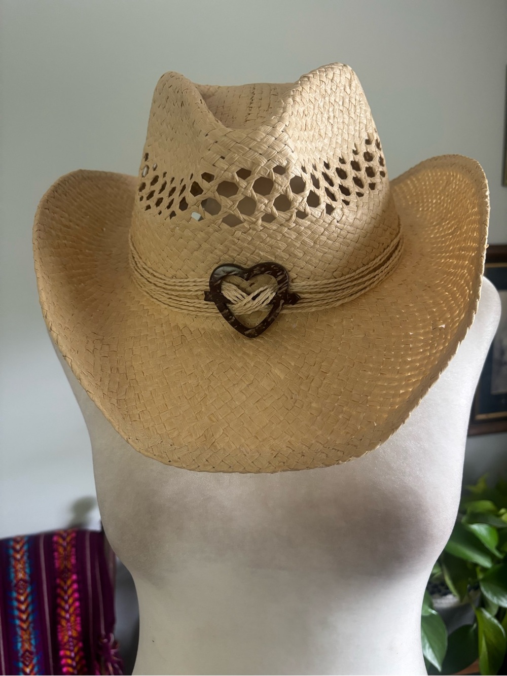 Straw Cowboy Hat with Heart Accent - Natural